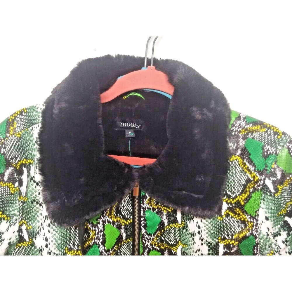 NEW MOD-X Bomber Jacket SNAKE REPTILE PRINT Womens XL Green black FAUX FUR LINED - Picture 9 of 15